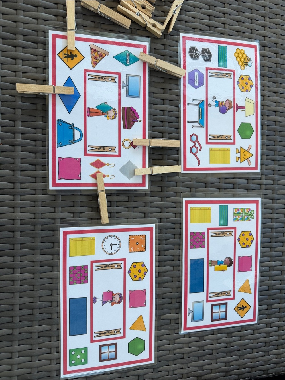 Kids Matching shapes Game Cards with Clothespin Clips - Multicolor